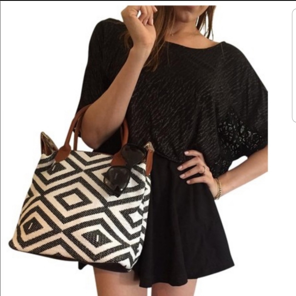 Black & White Geometric Tote Bag with Brown Handles